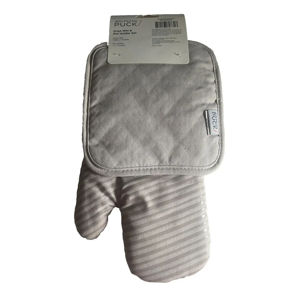 Wolfgang Puck Kitchen Oven Mitt Pot Holder Silicone Grips Embroidered Light Gray